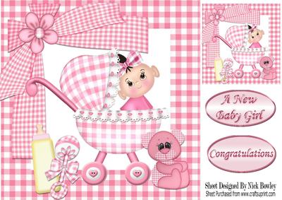 Baby Girl in Her Pram with Gingham Teddy 8x8
