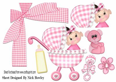 Baby Girl in Her Pram with Gingham Teddy & Big Bow A4