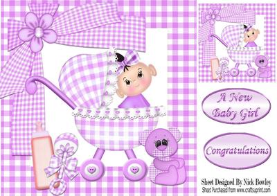 Baby Girl in Her Pram with Purple Gingham Teddy 8x8