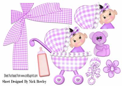 Baby Girl in Her Pram with Gingham Teddy & Purple Bow A4