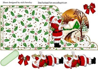 Santa with Snow Cottage, with Bows Over Th Edge Card