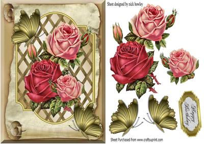 Pretty Roses on Lattice Frame on a Scroll with Butterflies