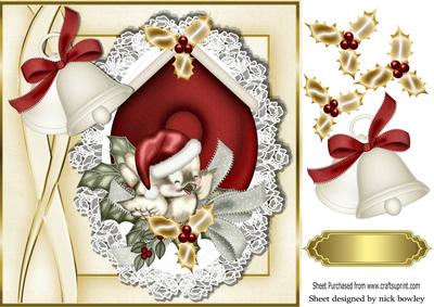 Cute Little Robin with Bells on Lace & Gold Holly 8x8