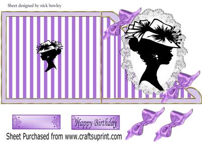 Vintage Silhouette Lady in Hat on Lace on Purple Stripe