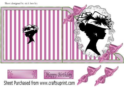 Vintage Silhouette Lady in Hat on Lace on Rose Stripe