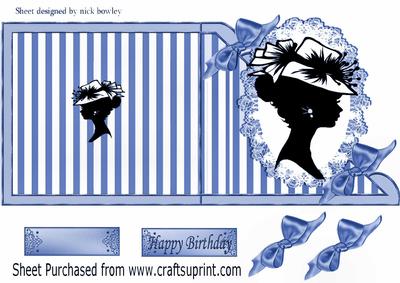Vintage Silhouette Lady in Hat on Lace on Blue Stripe