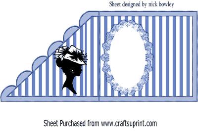 Vintage Silhouette Lady in Hat on Lace on Blue Stripe Insert