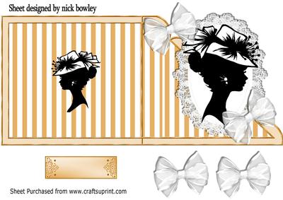 Vintage Silhouette Lady in Hat on Lace on Gold Stripe