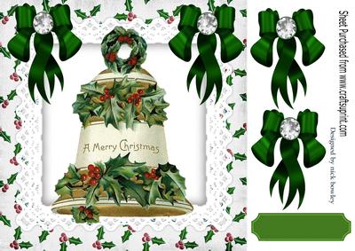 Vintage Gold Bell with Holly Berries and Bows 8x8