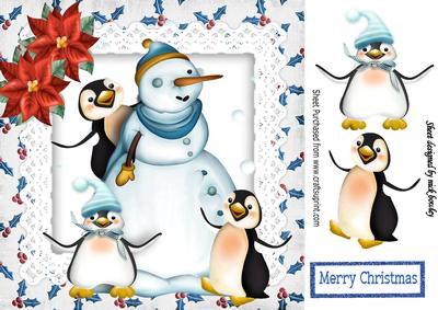 Penguin Fun with Snowman in Holly Frame 8x8