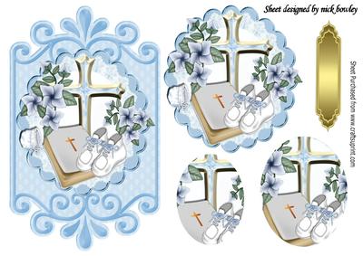 Baby Boy Christening with Flowers Shoes Oval Pyramids