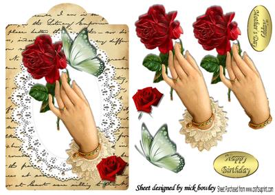 Hand Holding Red Rose on Vintage Script Tag with Lace