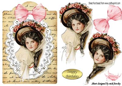 Vintage Lady in Hat on Lace Script Tag