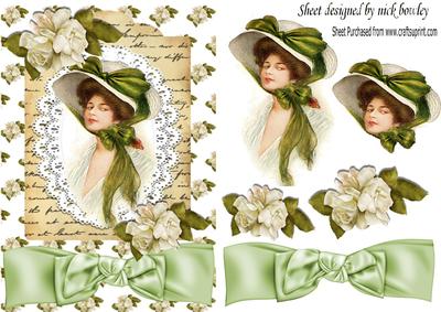 Vintage Lady in Bonnet Green Bow, Roses on Script Tag, Bow