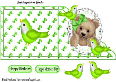 Litttle Fuzzy Bear with Green Birds Over the Edge