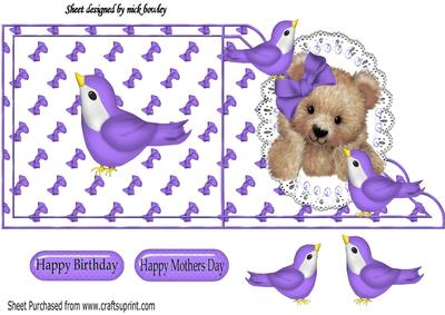 Little Fuzzy Bear with Purple Birds on Lace Edge Card