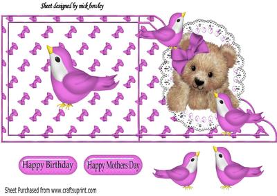 Little Fuzzy Bear with Pink Birds on Lace Edge Card