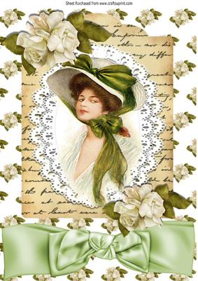 Vintage Lady in Bonnet Green Bow, Roses on Script Tag, A4