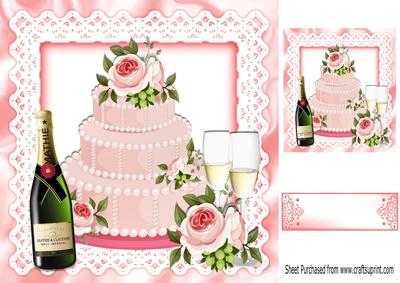 Pink Cake with Champers & Roses 8x8