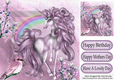 Pretty Pink Unicorn with Little Bird & Rainbow 8x8