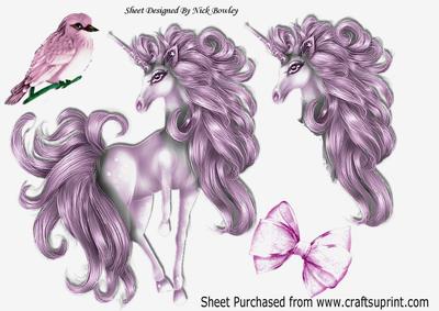 Pretty Pink Unicorn with Little Bird and Bow A4