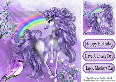 Pretty Purple Unicorn with Little Bird & Rainbow 8x8