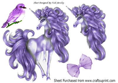 Pretty Purple Unicorn with Little Bird & Bow A4