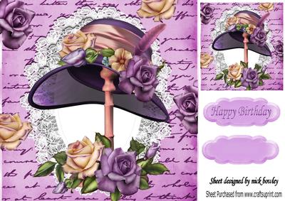 Pretty Hat on a Stand with Lilac and Cream Roses on Lace 8x8