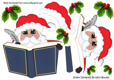 Lovely Santa with His Christmas Book and Holly A4