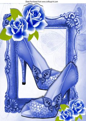 Pretty Blue Roses with Blue Shoes in Ornate Frame A4