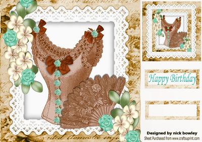Vintage Brown Basque with Turq/cream Flowers on Lace 8x8