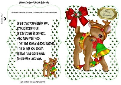 Little Reindeer with Bells, Holly Bracket Card Insert Verse