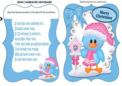 Little Blue Winter Bird in Hat with Bow Bracket Card/insert