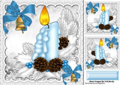 Pretty Turq and Silver Candles with Pine Cones 8x8