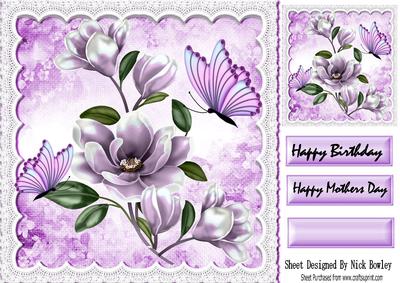 Pretty Lilac Magnolias with Butterflies on Lace 8x8