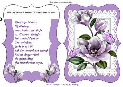 Pretty Lilac Magnolias on Lace Bracket Card and Verse