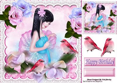 Pretty Oriental Girl with Little Birds & Flowers 8x8