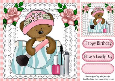 Handbag Teddy with Makeup, Gingham & Pink Roses 8x8