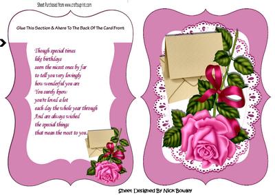 Pink Rose with Envelope on Lace Bracket Card/verse