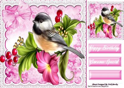 Pretty Bird with Flowers and Pink Bow 8x8