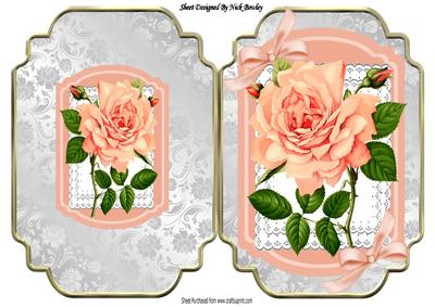 Pretty Peach Rose on Lace Gold and Silver Bracket Card