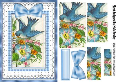 Pretty Blue Bird with Petunias with Lace& Mosaic Pyramids