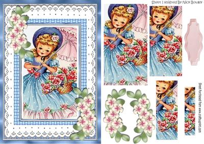 Pretty Girl with Parasol and Flowers in Marble/lace Frame