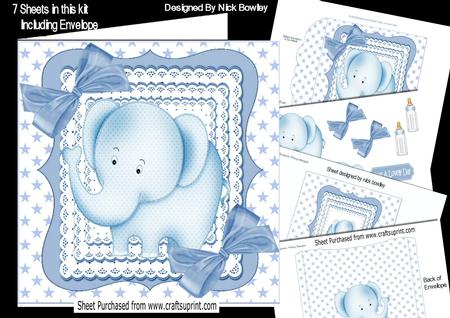 Little Blue Elephant, on Lace with Bows 7x7 Kit