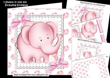 Little Pink Elephant, on Lace with Bows 7x7 Kit