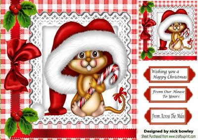 Cute Mouse in Santa Hat with Holly and Big Bow 8x8