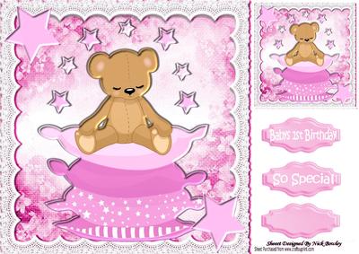 Pink Clouds and Sleepy Bear on Pillows in Lace 8x8