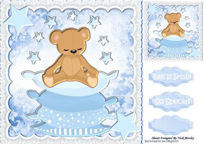 Blue Clouds and Sleepy Bear on Pillows in Lace 8x8