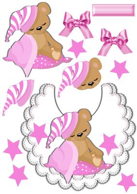 Baby Teddy with Her Pink Blanket on Lace Bib