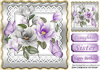 Pretty Lilac and Grey Magnolias on Lace with Butterflies 8x8